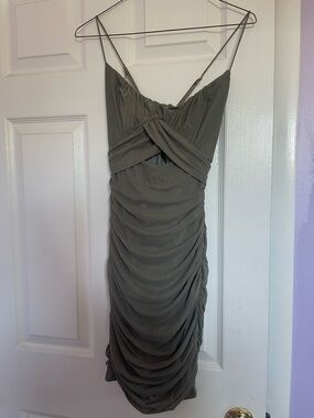 Olive Ruched Midi Dress with Spaghetti Straps